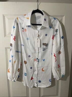 TFY Collection Alemais Soleil embroidered White Blouse with Multicolor Motifs